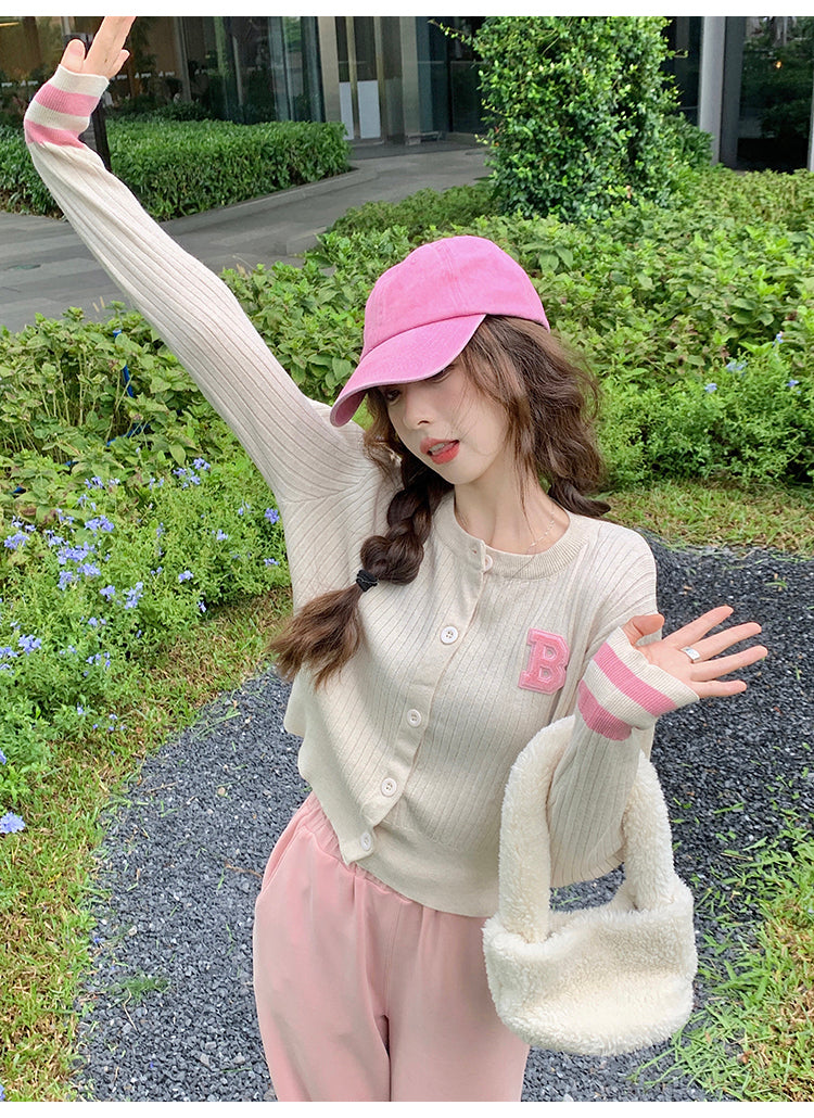 College style letter contrast color long sleeve knitted cardigan ED0483