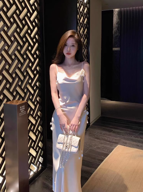 White floral silk fishtail suspender dress ED0515