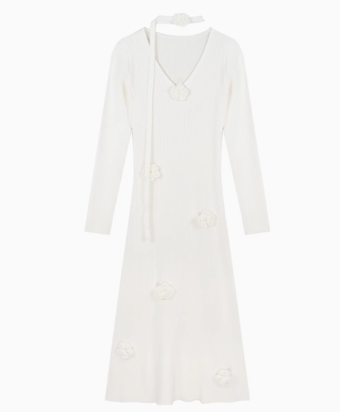 3D Flower V-Neck Long Sleeve Knitted Dress ED0516