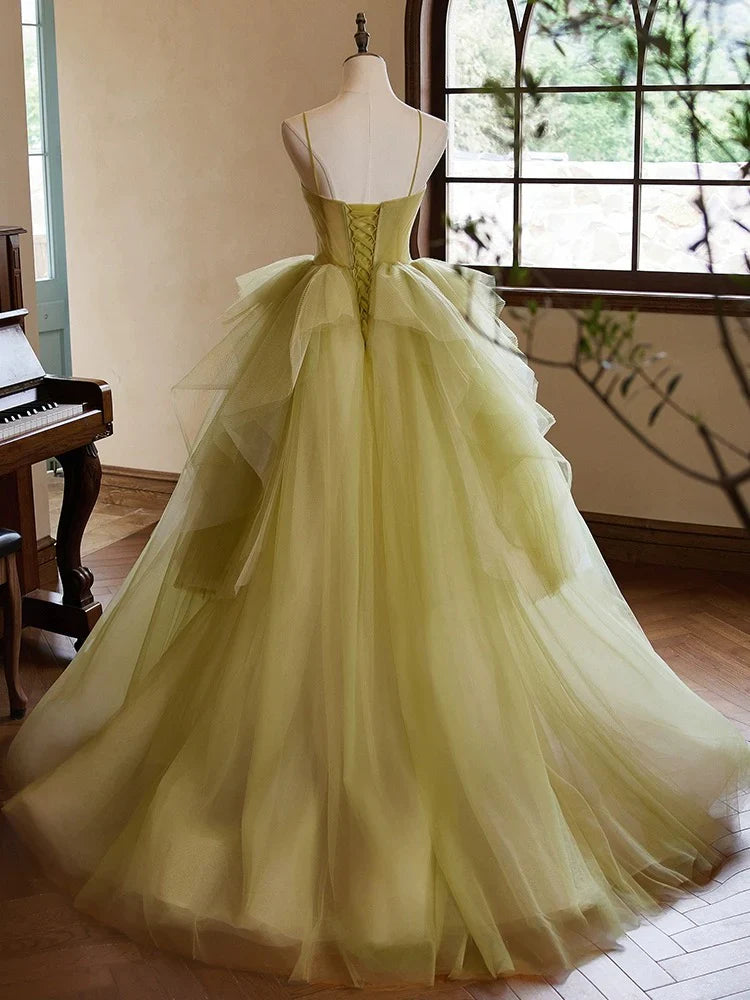 A-Line Green Sweetheart Neck Tulle Long Prom Dress, Green Evening Dress ED052