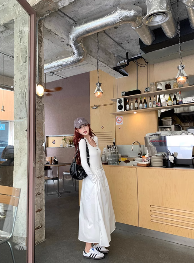 French halterneck long-sleeved knitted patchwork dress ED0520