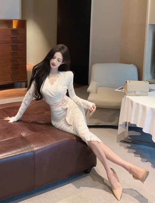 Apricot V-neck lace high waist long sleeve dress ED0525