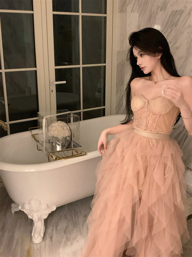 French heavy mesh lace tube top irregular slit dress ED0526