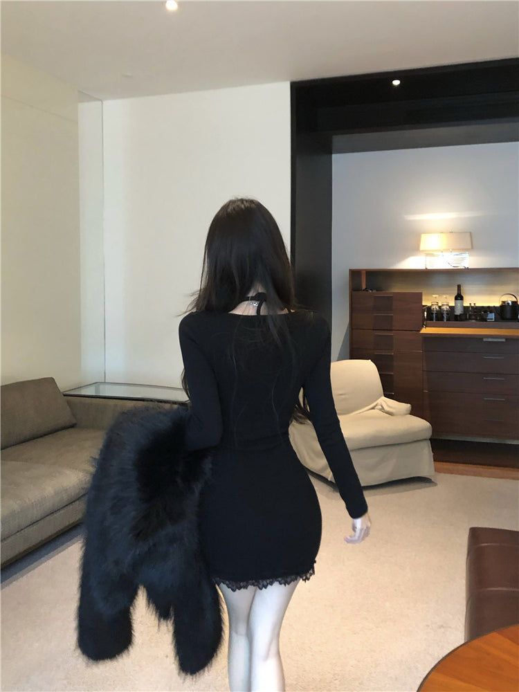 Sexy lace stitching slim fit long sleeve halter neck knitted dress ED0527