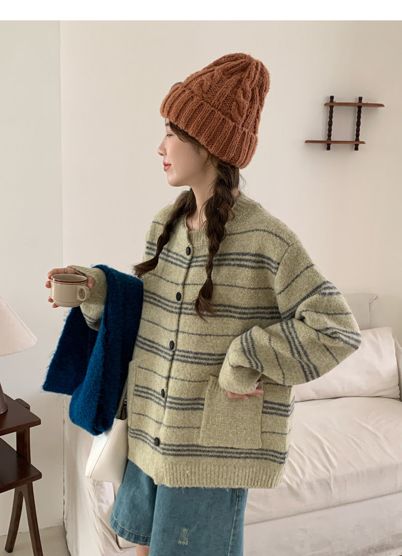 Retro striped soft round neck long sleeve cardigan ED0537