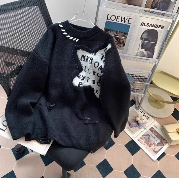 Oversize retro long sleeve round neck pullover sweater ED0541