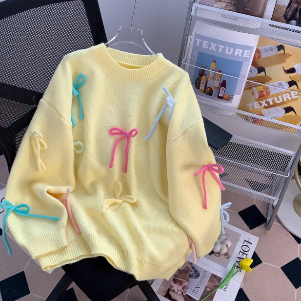 Sweet Bow Round Neck Pullover Knitted Sweater ED0908