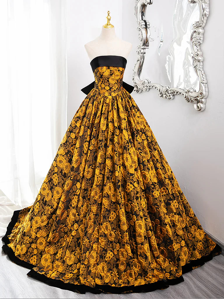 A-Line Yellow Satin Lace Long Prom Dress, Yellow Long Evening Dress ED0567