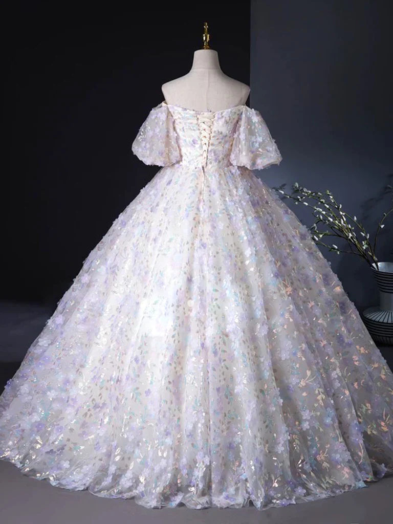 A-Line Sweetheart Neck Tulle Lace Light Purple Long Prom Dress ED057