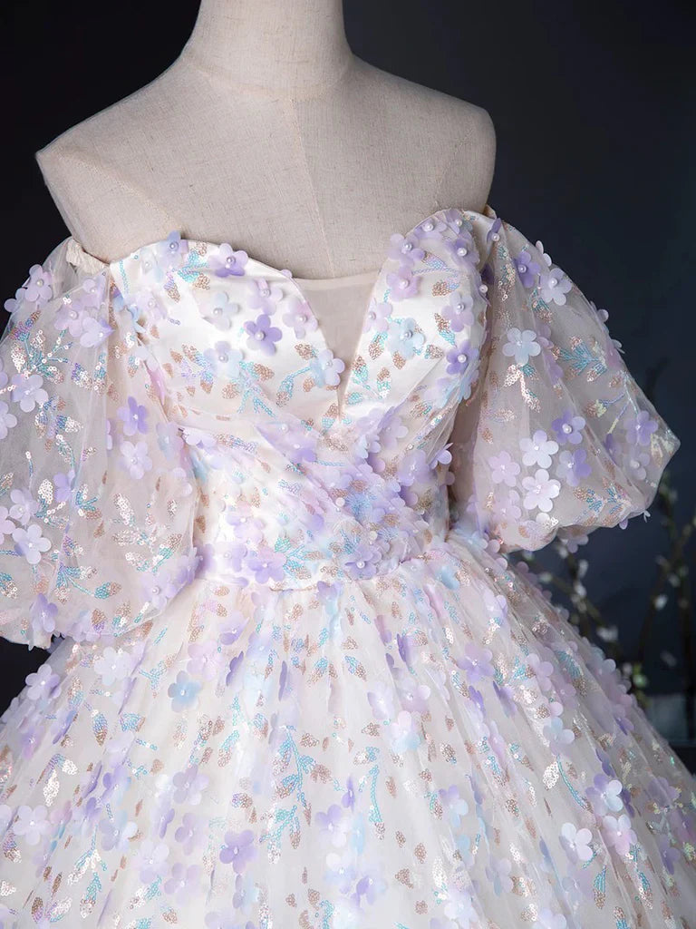 A-Line Sweetheart Neck Tulle Lace Light Purple Long Prom Dress ED057