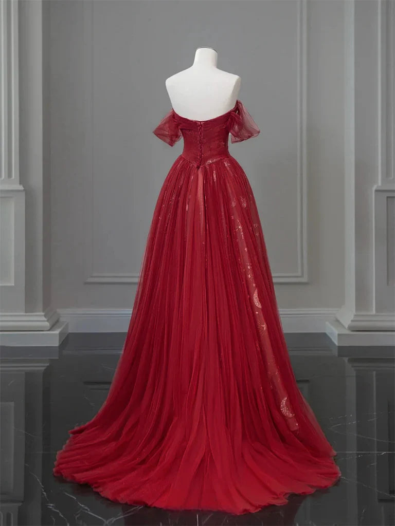 A-Line Off Shoulder Tulle Lace Burgundy Long Prom Dress ED0573