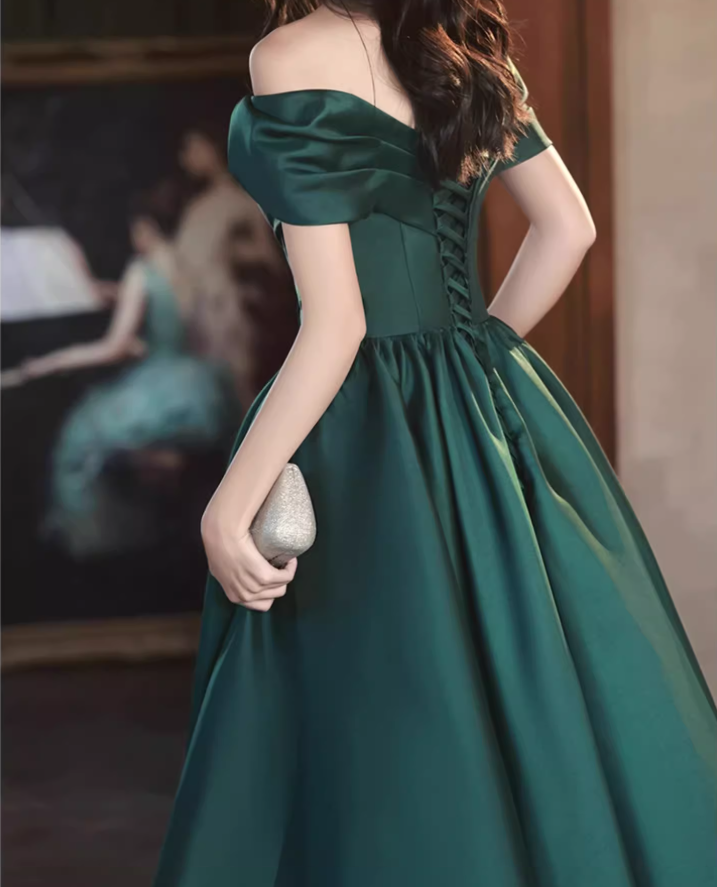 A-Line Off Shoulder Satin Green Long Prom Dress, Green Long Formal Dress ED0575