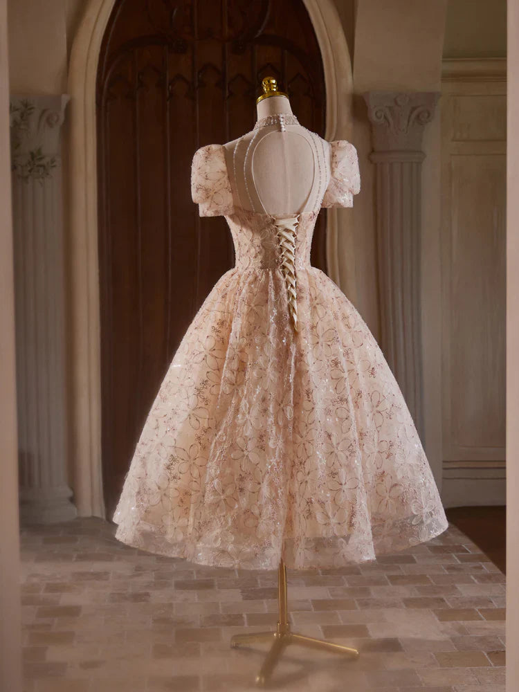 A-line Champagne Pink Tulle Lace Tea Length Prom Dress with Beads ED0578