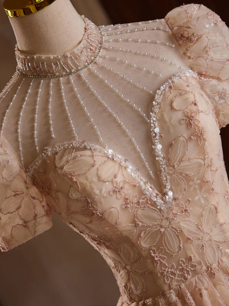 A-line Champagne Pink Tulle Lace Tea Length Prom Dress with Beads ED0578