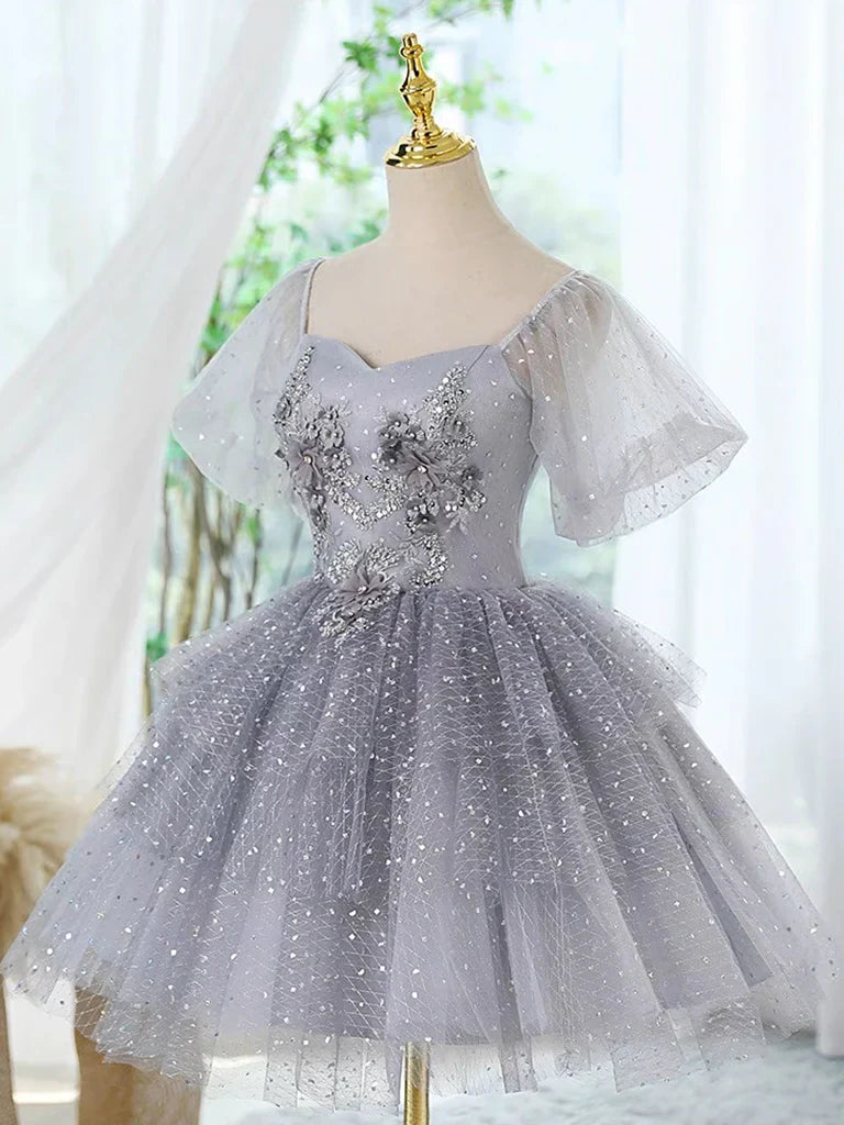 A-Line Tulle Lace Gray Short Prom Dress, Cute Gray Homecoming Dress ED0582