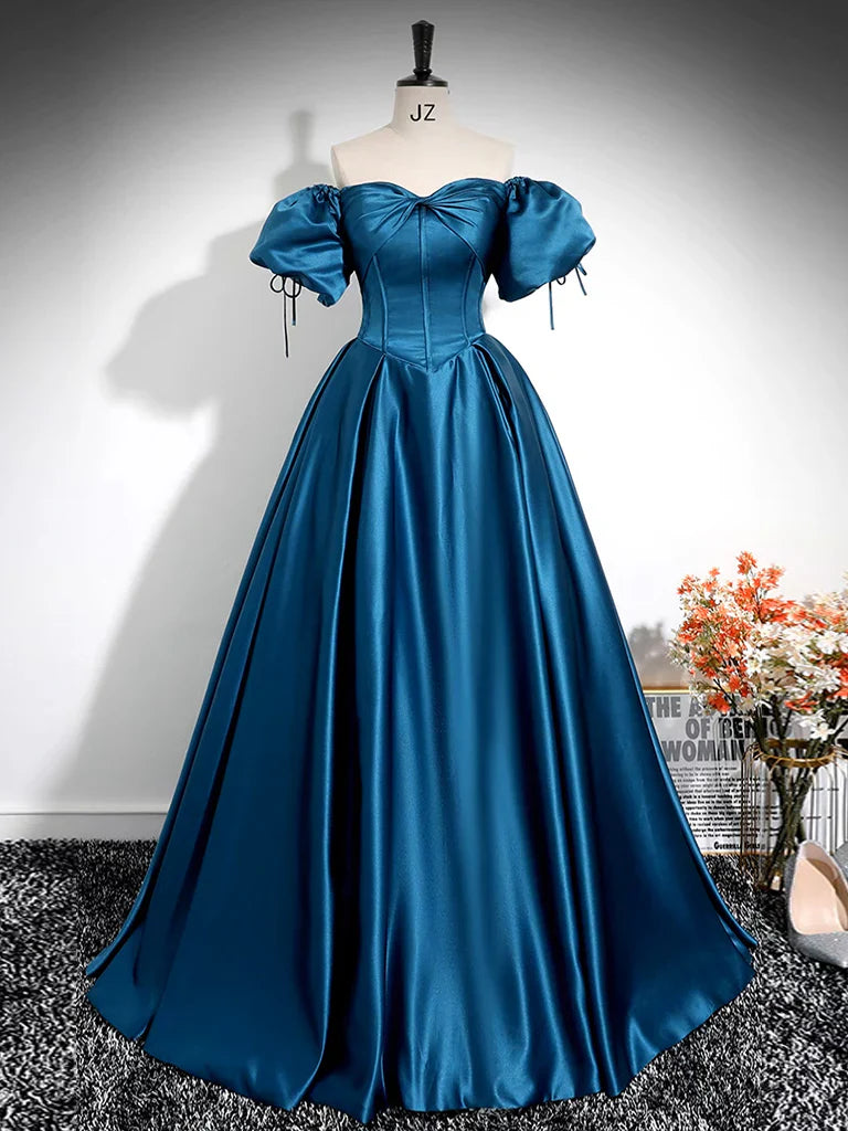 A-Line Puff Sleeves Satin Peacock Blue Long Prom Dress, Peacock Blue Long Formal Dress ED0588