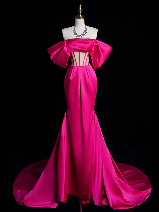 Simple Off Shoulder Satin Mermaid Rose Red Long Prom Dress, Rose Red Evening Dress ED0589