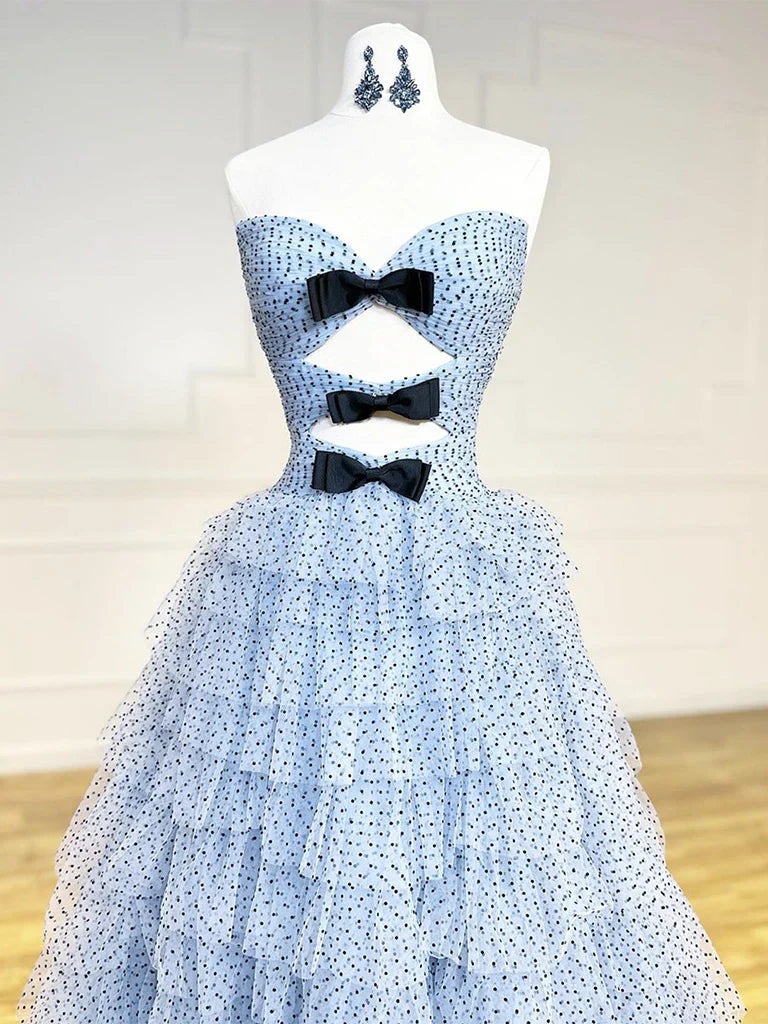 A-Line Sweetheart Neck Polka Dots Tulle Blue Long Prom Dress, Blue Long Formal Dress ED0594