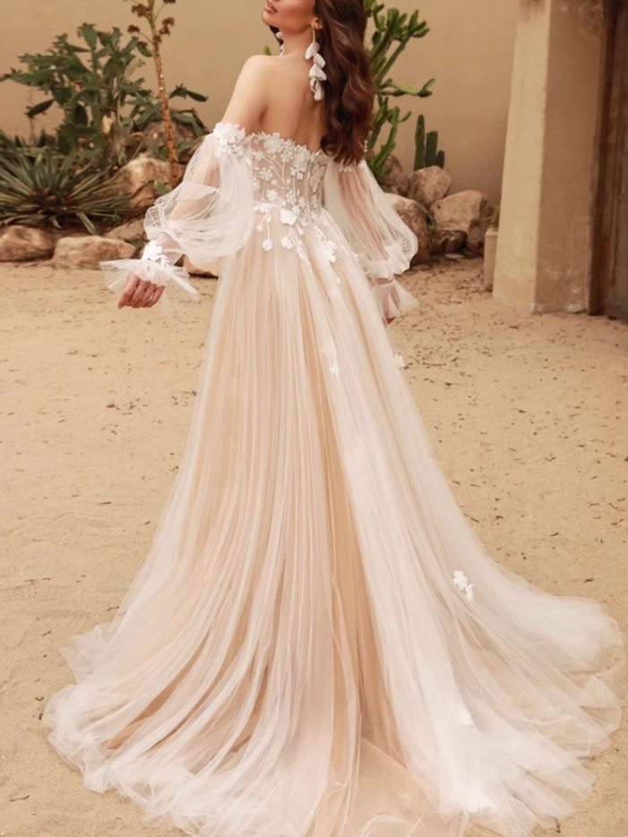 A-Line Long Sleeves Tulle Lace Champagne Long Prom Dress, Champagne Long Formal Dress ED0595