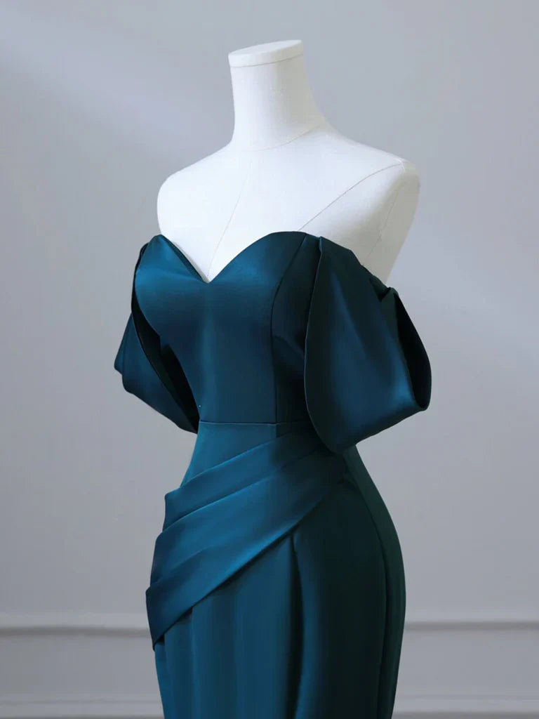 Simple Off Shoulder Satin Ink Blue Long Prom Dress, Ink Blue Long Formal Dress ED0598