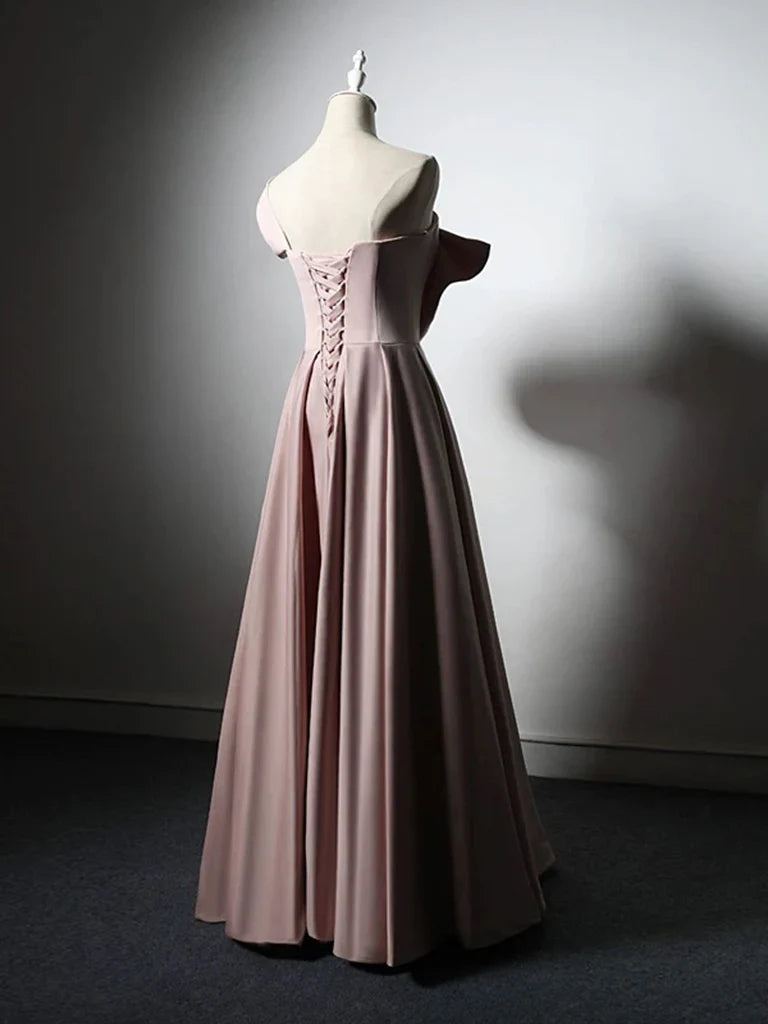 A-Line Satin Pink Long Prom Dress, Pink Long Formal Dress ED060