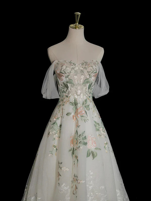 White exquisite floral fashion short sleeve long tulle floor length ball gown, evening dress, party dress gh3524