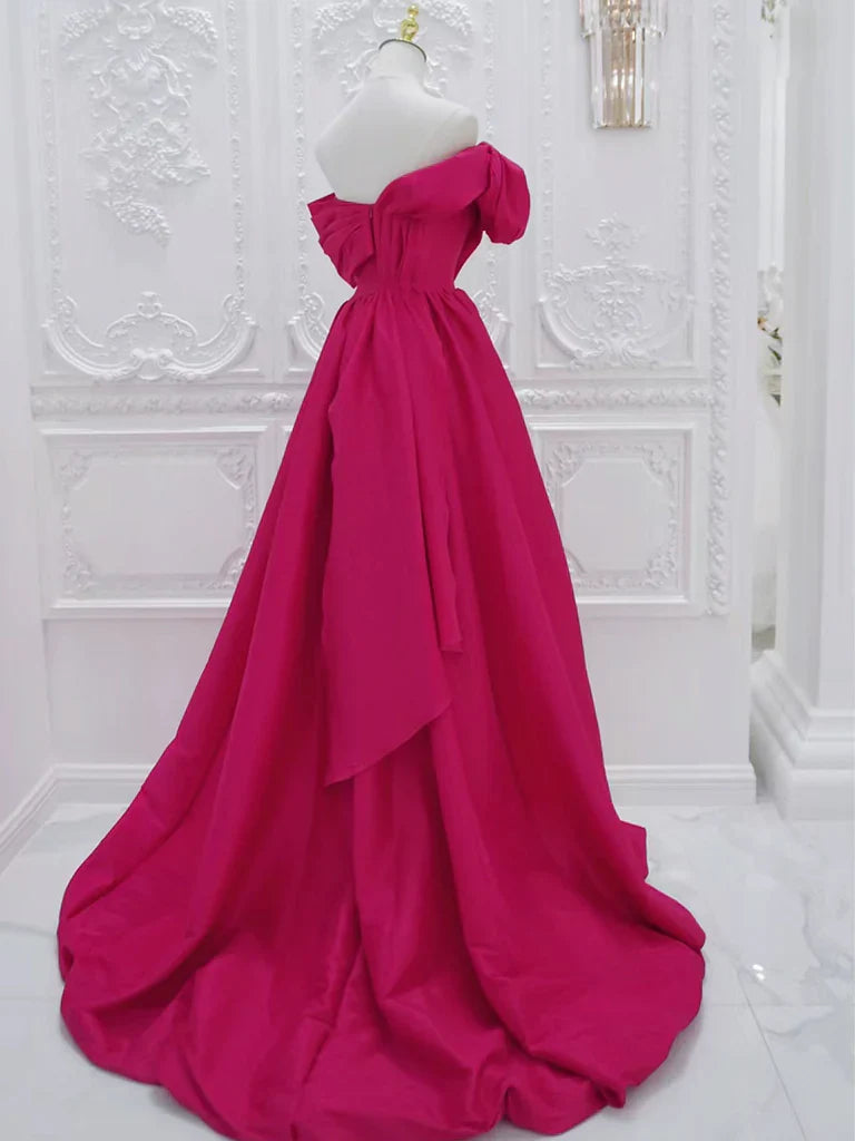 A-Line Off Shoulder Satin Rose Red Long Prom Dress, Rose Red Long Evening Dress ED0601