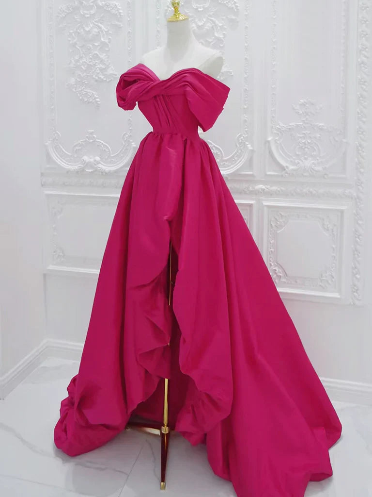 A-Line Off Shoulder Satin Rose Red Long Prom Dress, Rose Red Long Evening Dress ED0601