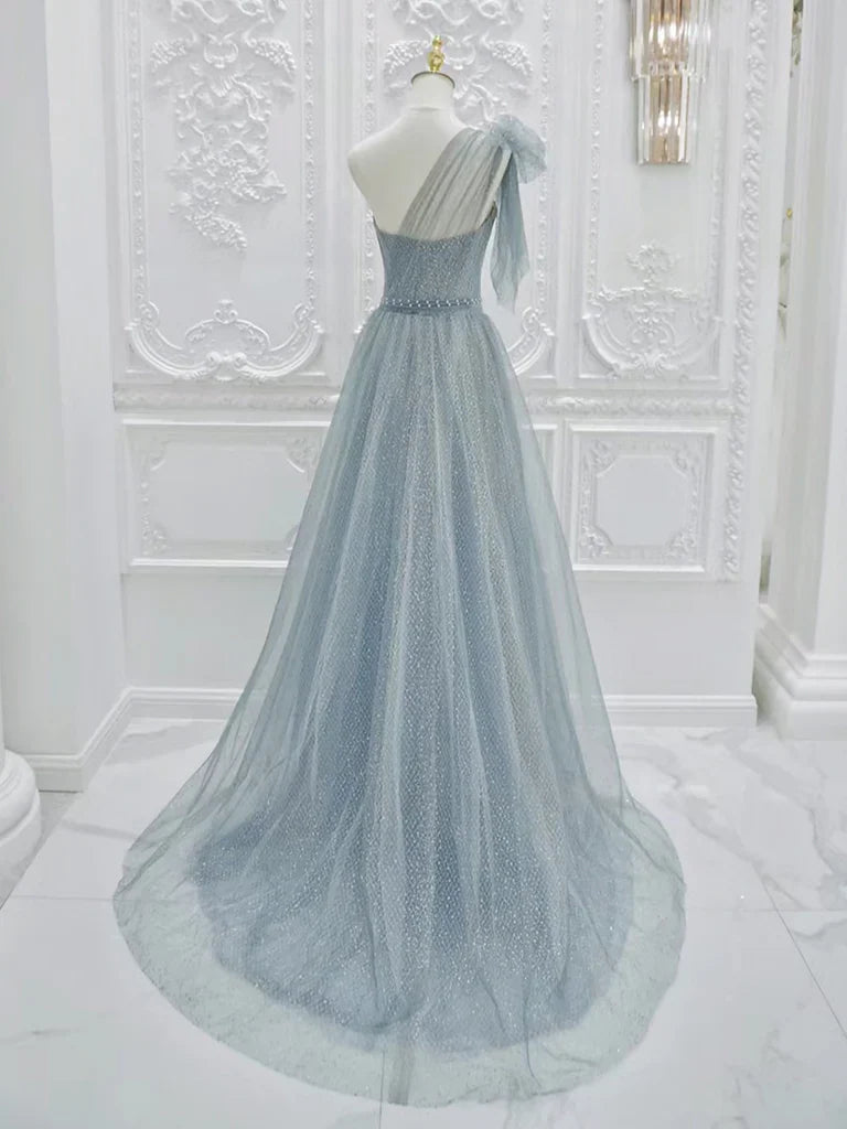A-Line One Shoulder Tulle Sequin Gray Blue Long Prom Dress, Sequin Long Formal Dress ED0602