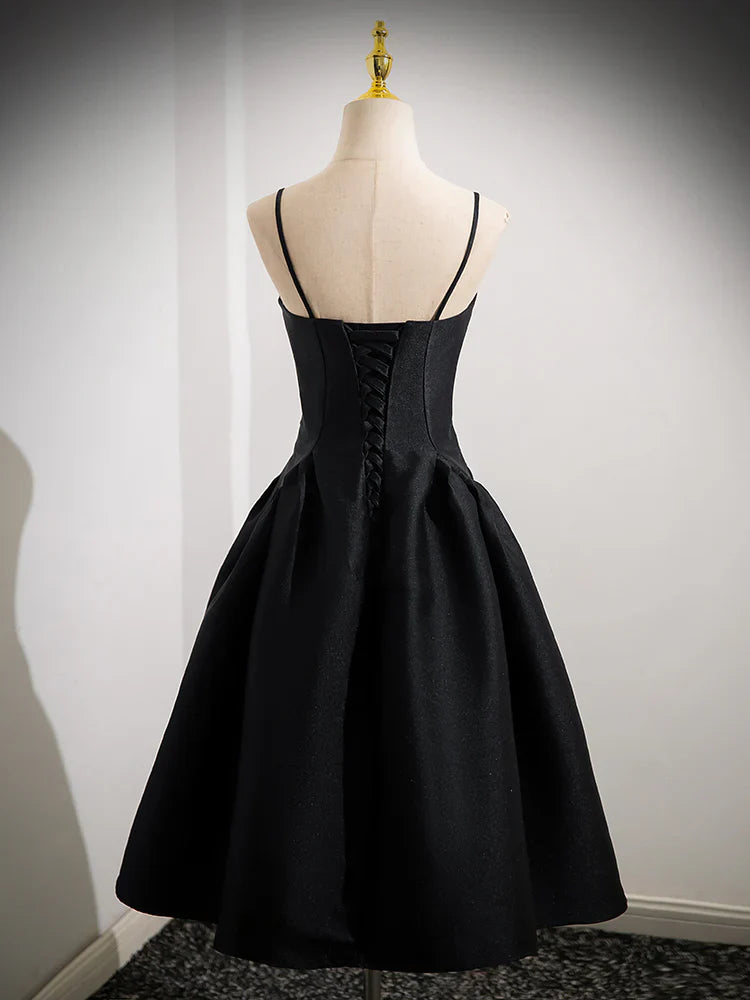 A-Line Satin Black Satin Short Prom Dress, Black Homecoming Dress ED0608
