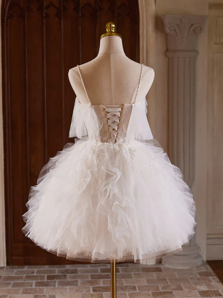 Cute Tulle Lace Light Champagne Short Prom Dress, Cut Homecoming Dress ED0609
