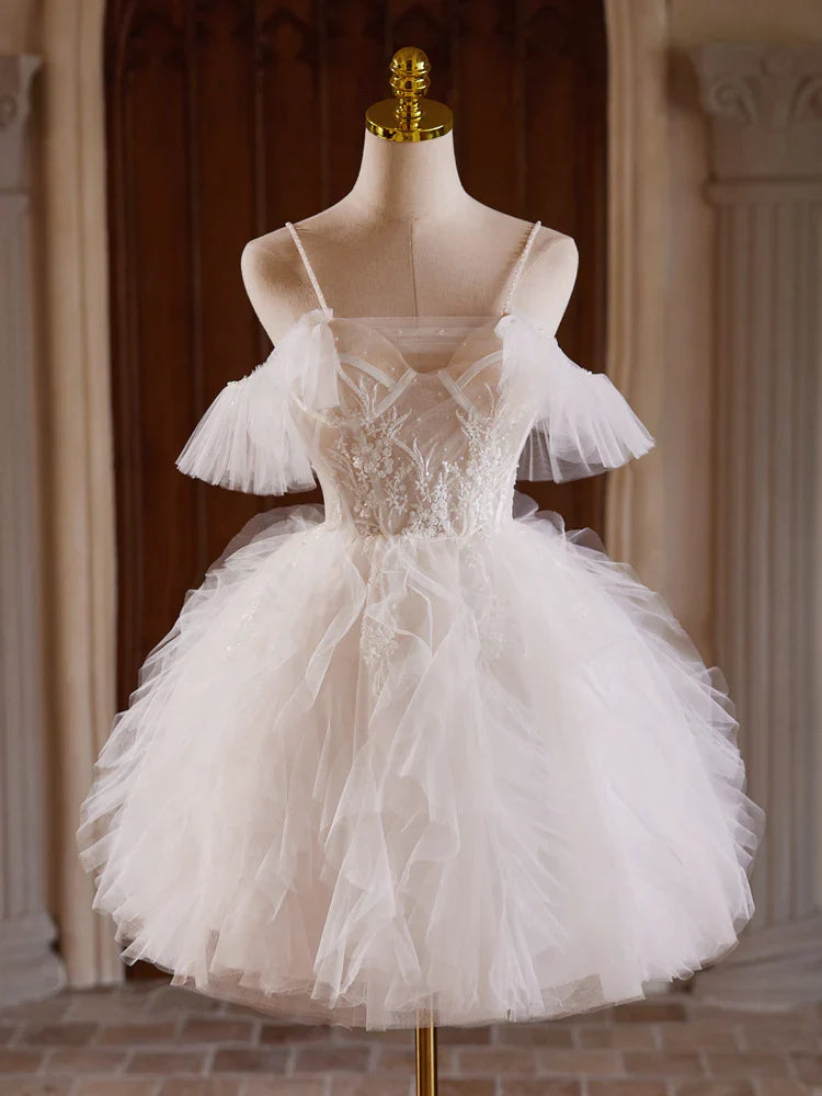 Cute Tulle Lace Light Champagne Short Prom Dress, Cut Homecoming Dress ED0609