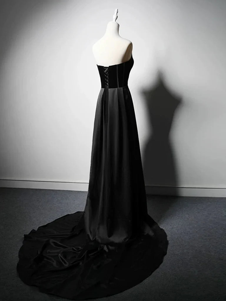 A-Line Satin Black Long Prom Dress, Black Long Formal Dress ED061