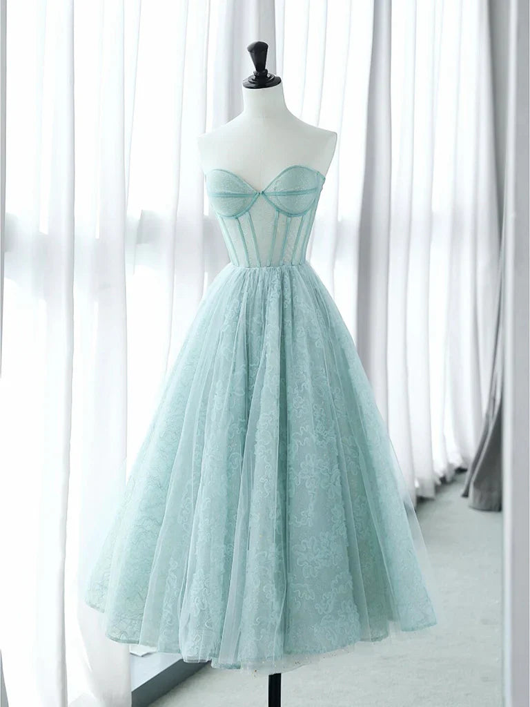 A-Line Sweetheart Neck Tulle Lace Blue Short Prom Dress, Blue Formal Dress ED0610