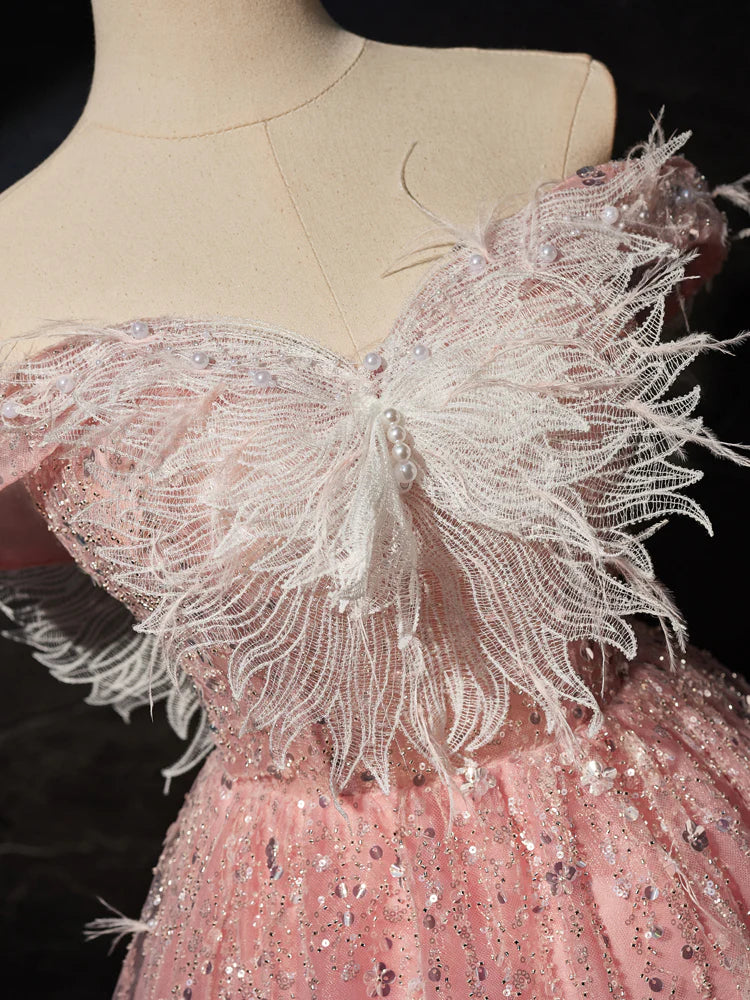Pink A-Line Tulle Lace Short Prom Dress, Pink Cocktail Dress ED0614