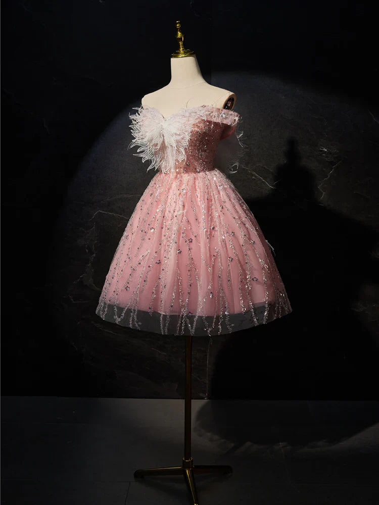 Pink A-Line Tulle Lace Short Prom Dress, Pink Cocktail Dress ED0614