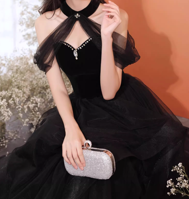 A-Line Tulle Black Long Prom Dress, Black Long Formal Dress ED0619