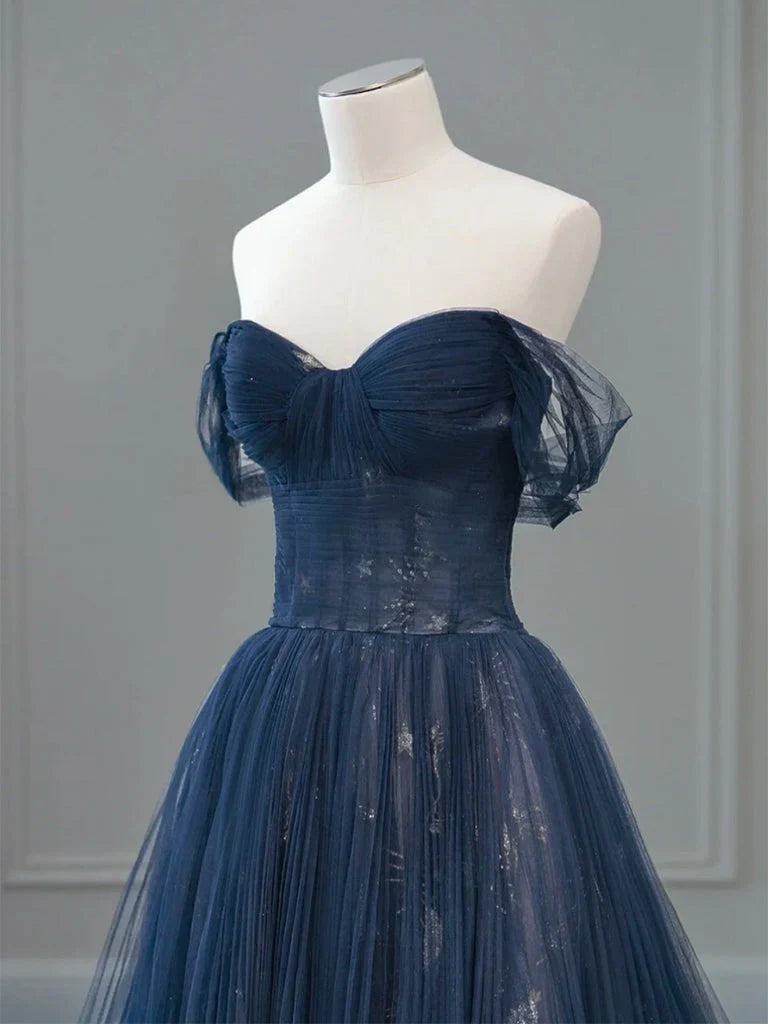 A-Line Off Shoulder Tulle Lace Dark Blue Long Prom Dress ED062