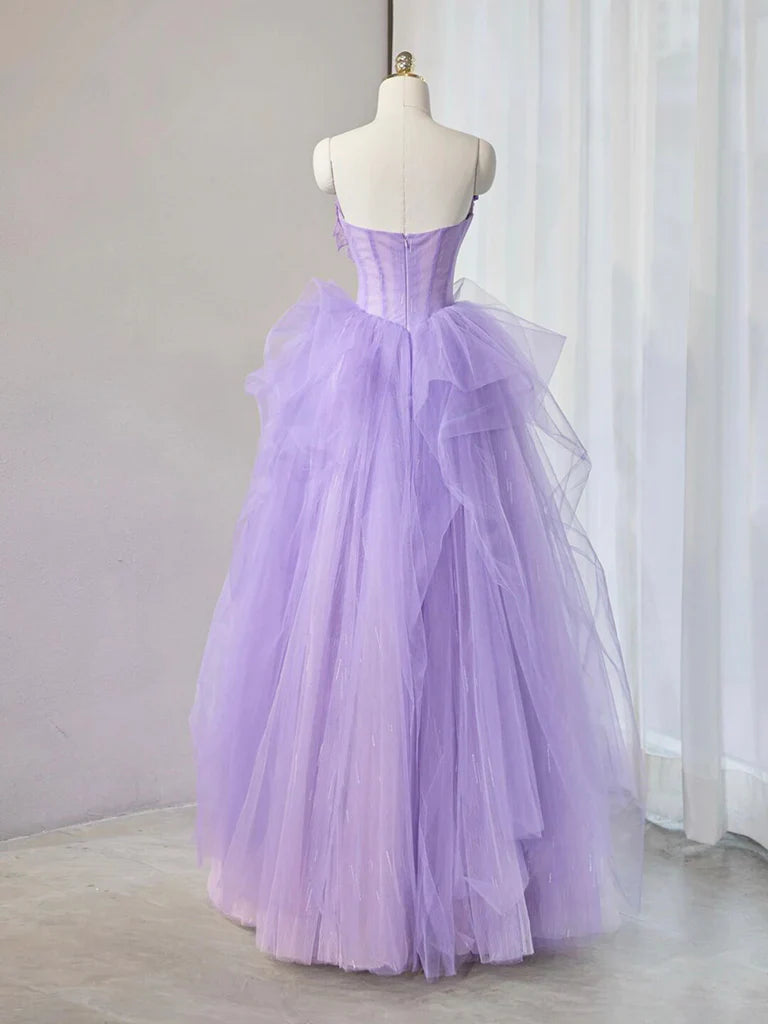 Purple Sweetheart Neck Tulle Applique Long Prom Dress, Purple Long Sweet 16 Dress ED0620