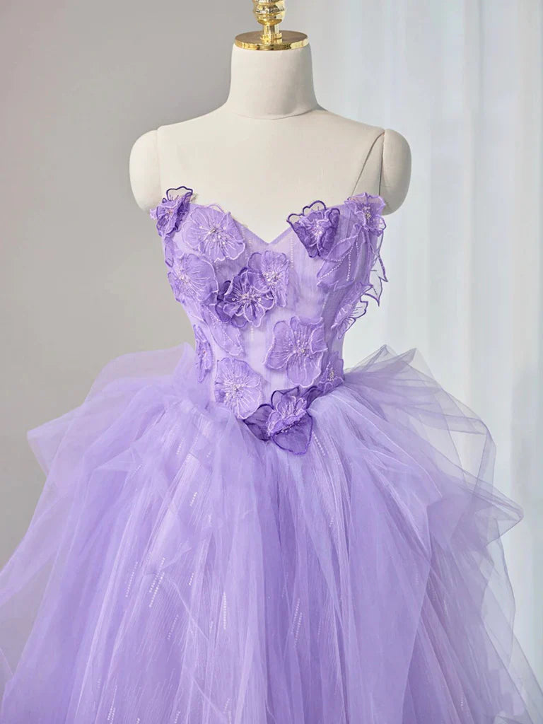 Purple Sweetheart Neck Tulle Applique Long Prom Dress, Purple Long Sweet 16 Dress ED0620