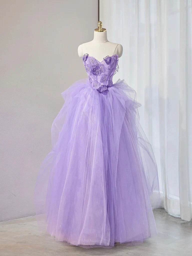 Purple Sweetheart Neck Tulle Applique Long Prom Dress, Purple Long Sweet 16 Dress ED0620
