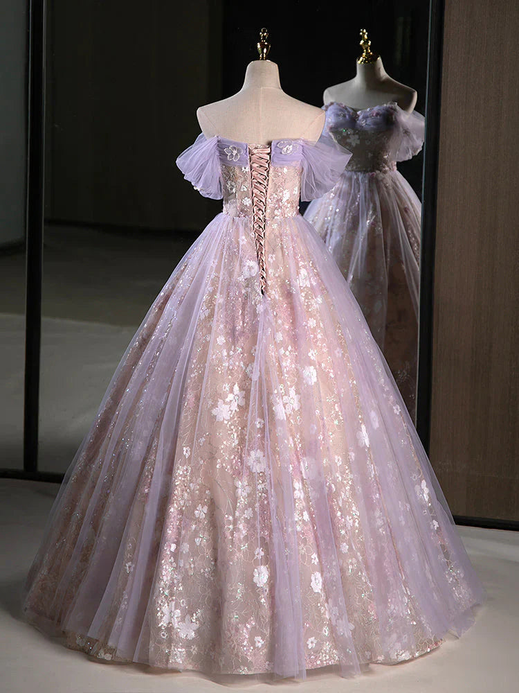 A-Line Sweetheart Neck Tulle Lace Purple Long Prom Dress, Purple Long Formal Dress ED0627