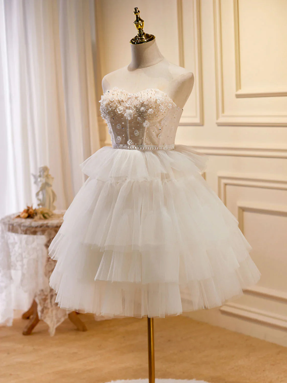 Beige Sweetheart Neck Tulle Short Prom Dress, Beige Homecoming Dress ED0636