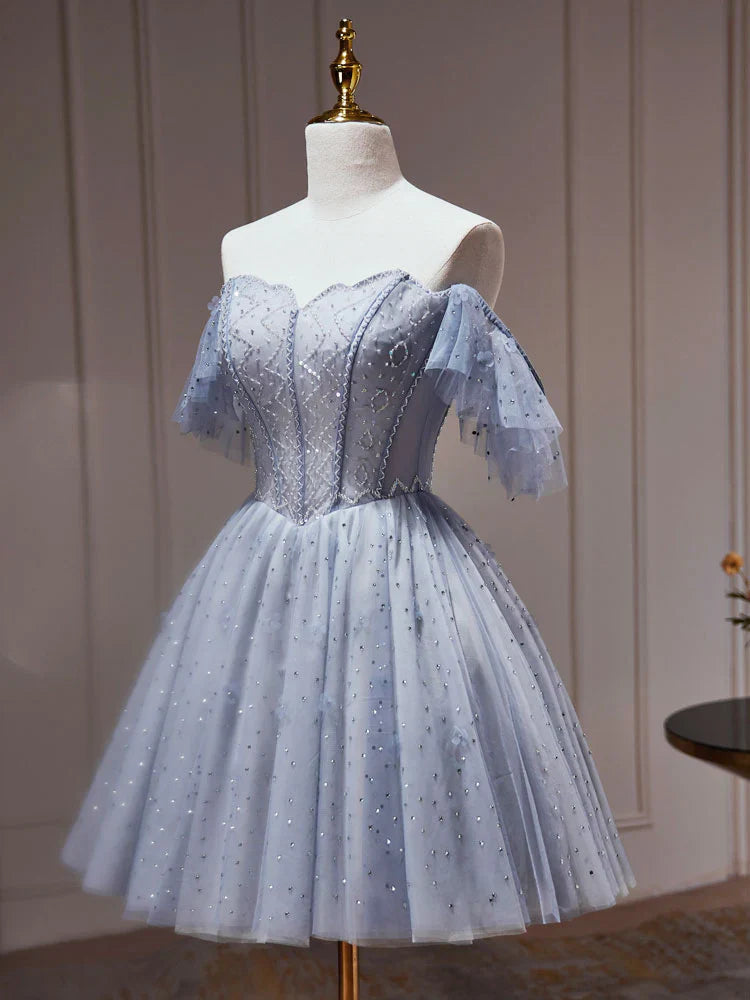 A-Line Tulle Dusty Blue Short Prom Dress, Dusty Blue Homecoming Dress ED0640