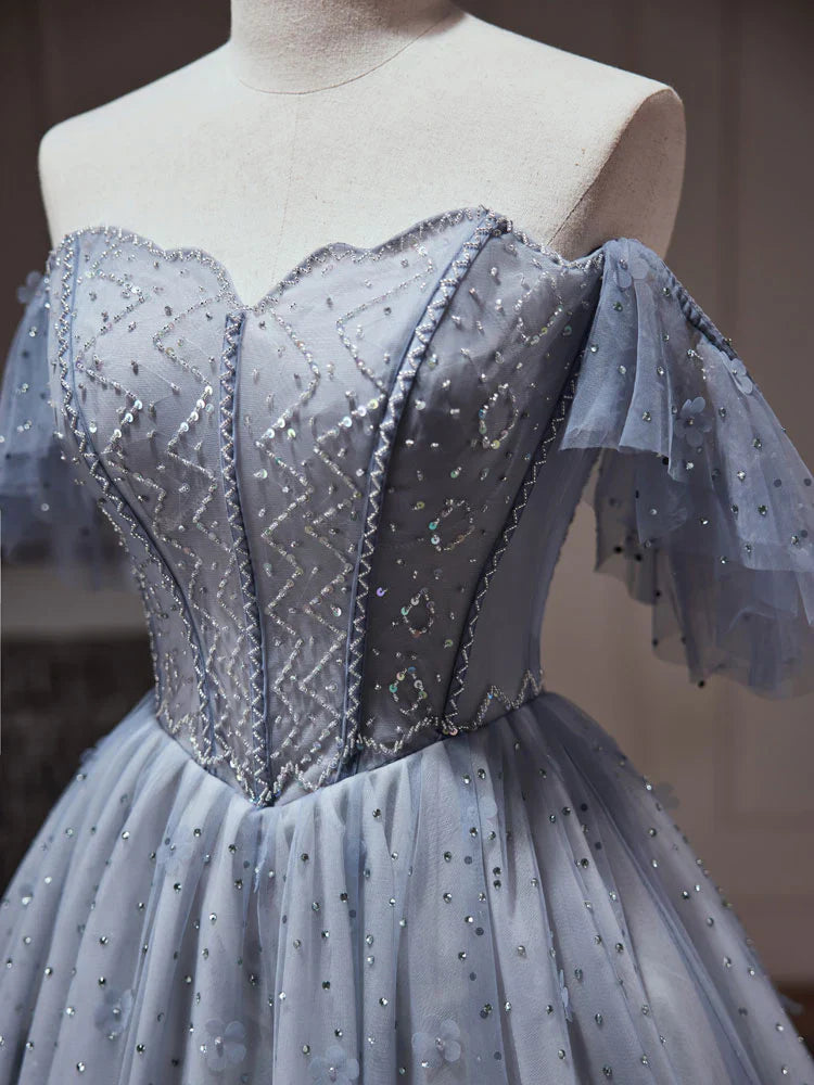 A-Line Tulle Dusty Blue Short Prom Dress, Dusty Blue Homecoming Dress ED0640