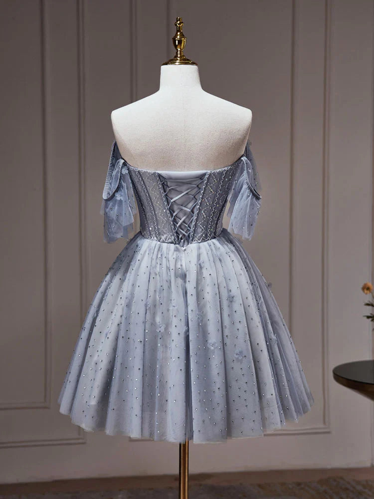 A-Line Tulle Dusty Blue Short Prom Dress, Dusty Blue Homecoming Dress ED0640
