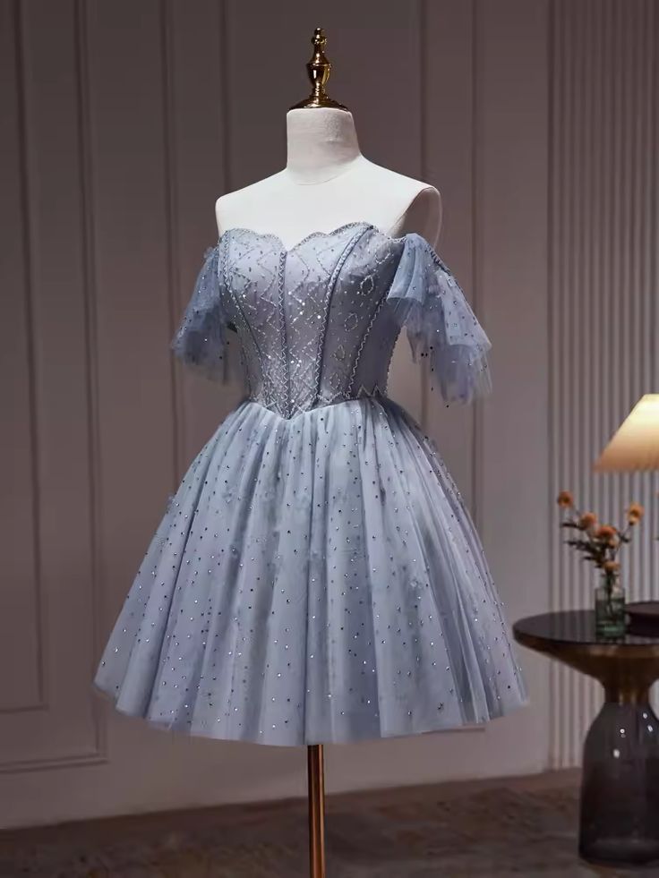 A-Line Tulle Dusty Blue Short Prom Dress, Dusty Blue Homecoming Dress ED0640