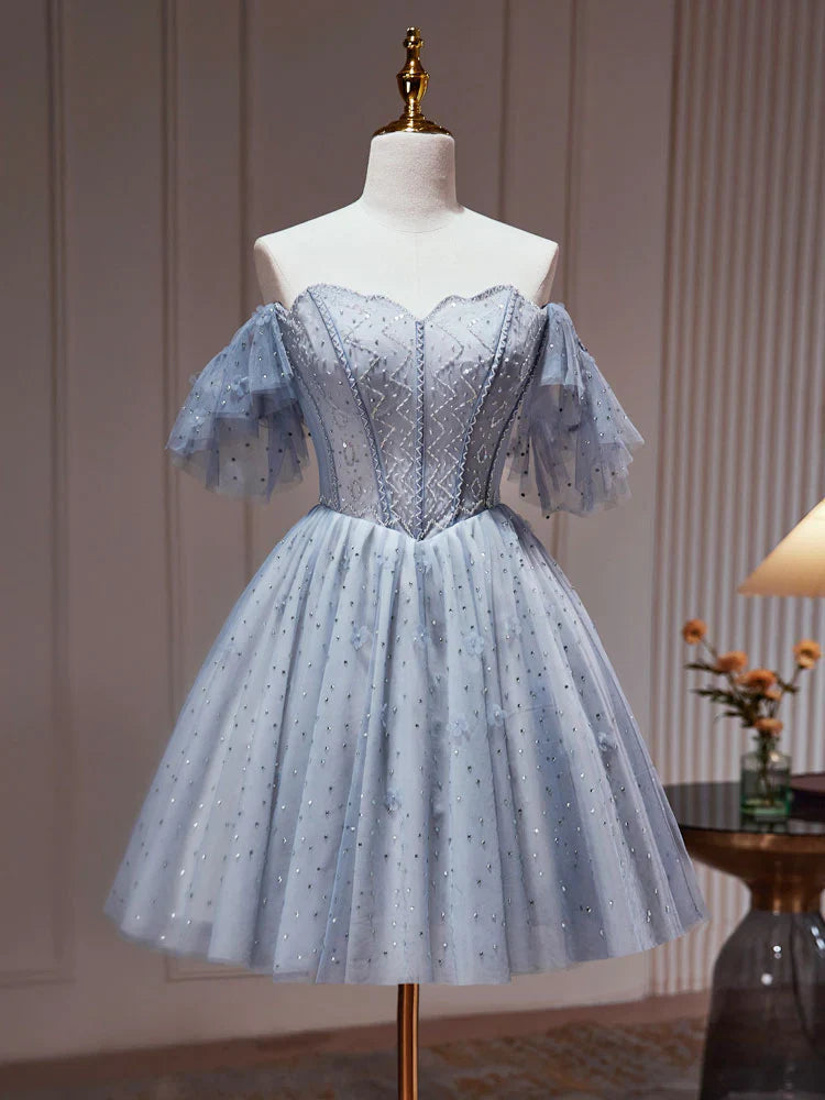 A-Line Tulle Dusty Blue Short Prom Dress, Dusty Blue Homecoming Dress ED0640