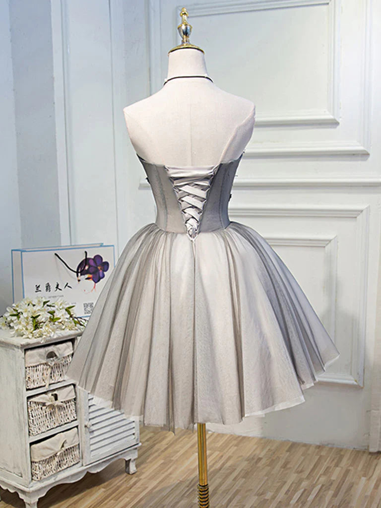 Gray Sweetheart Neck Tulle Lace Short Prom Dress, Cute Homecoming Dress ED0643