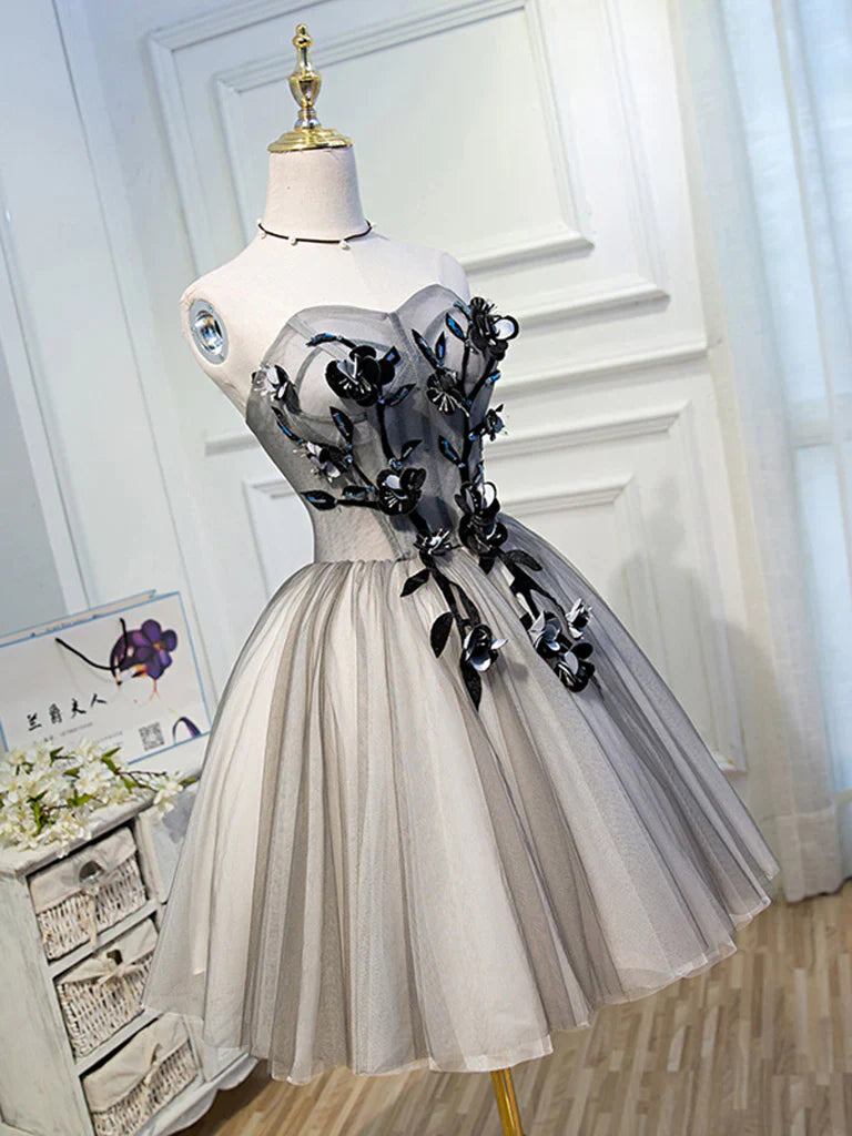 Gray Sweetheart Neck Tulle Lace Short Prom Dress, Cute Homecoming Dress ED0643